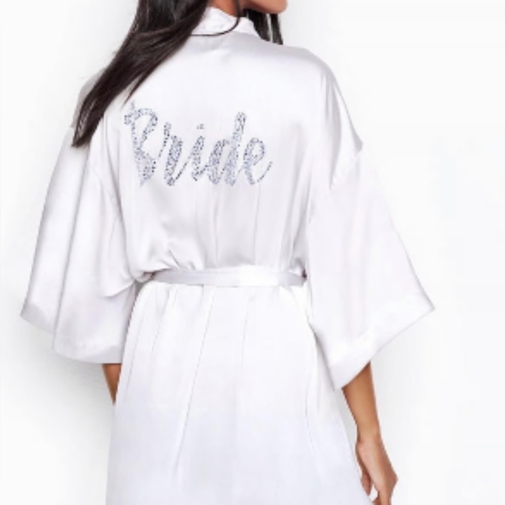 Victorias Secret White Satin Robe BRIDE Something Blue Rhinestones Wedding Night